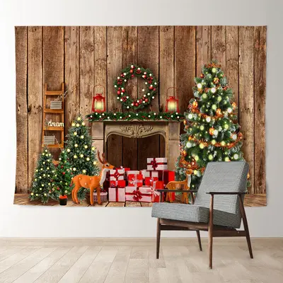 Aperturee Sweet Cabin Christmas Tree Gift Deer Backdrop