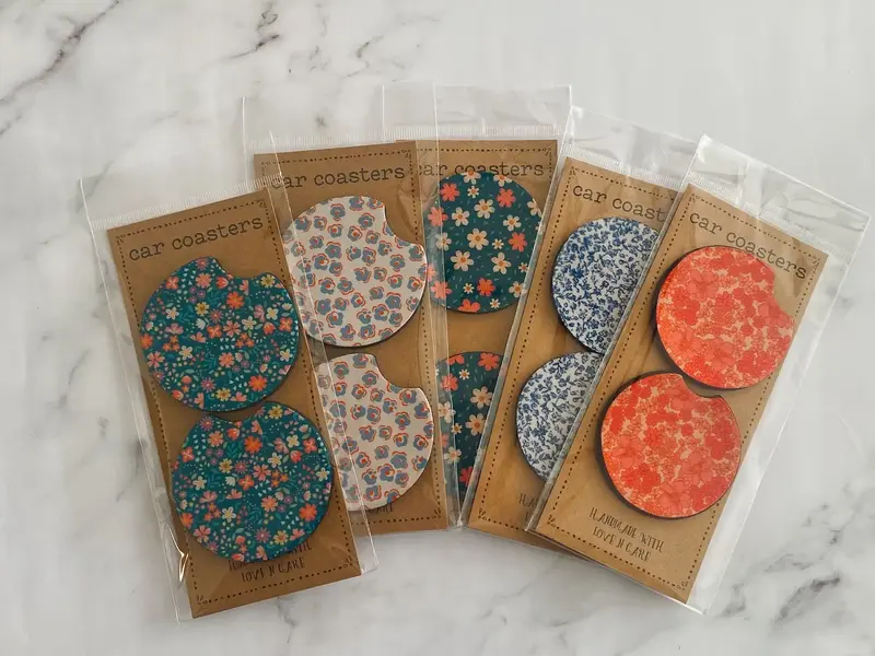 Cute Car Coasters, Set of 2, Cute Aesthetic Car Coasters, New Car Gift, Gifts for Her, Flowers Car Accessories Tableware Thic...
