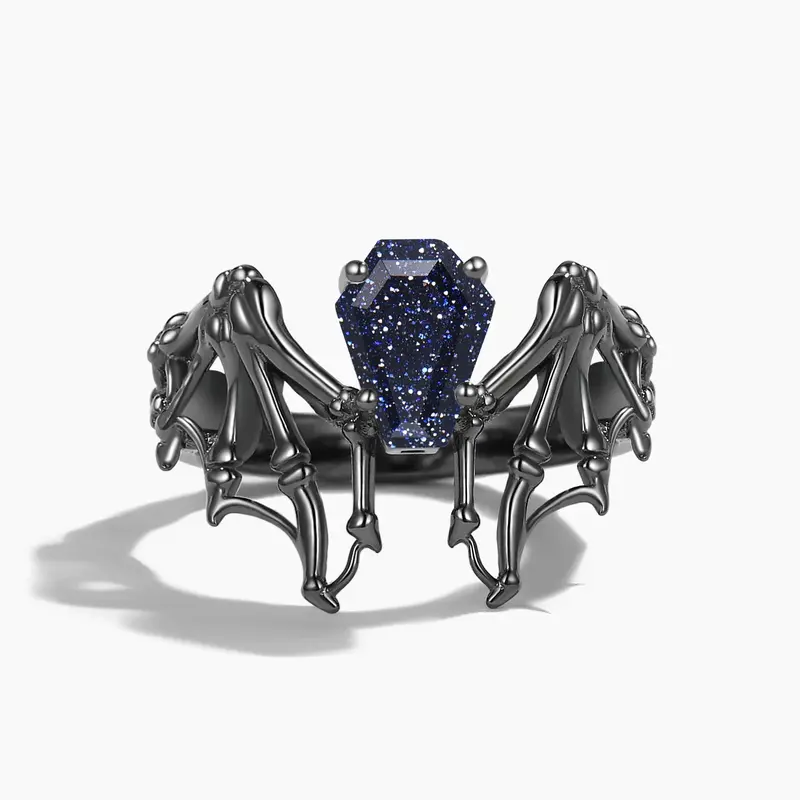 Gothic Coffin Skull Bat Black Wedding Ring Galaxy Sandstone Solitaire Ring