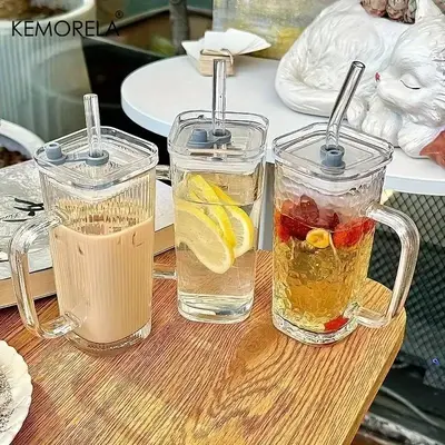 Striped Glass Cup with Lid & Straw, 1 Count Transparent Coffee Mug, Cold Drink Glasses for Juice Milk Tea, Reusable Straw Cup