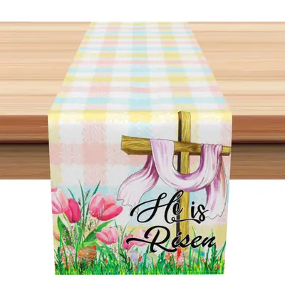 Aperturee Colorful Plaid Cross He Is Risen Easter Table Runner | Custom Table Runner | Custom Table Cloth Runner | Custom Pri...