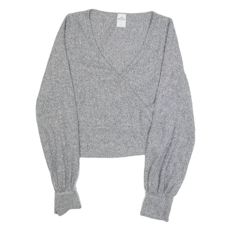 HOLLISTER Womens Cropped Top Grey V-Neck Long Sleeve S