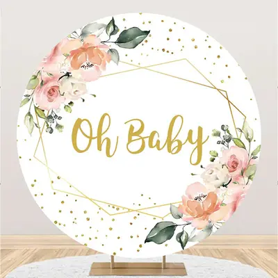Round White Floral Oh Baby Gender Reveal Backdrop - Aperturee