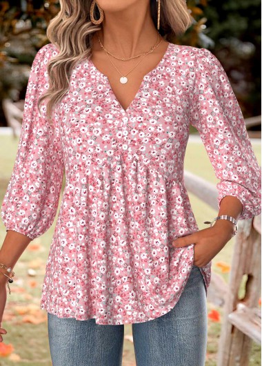 Modlily Pink Ditsy Floral Print 3/4 Sleeve Split Neck Blouse - L