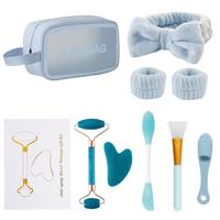 Facial Tool Set, 9 Counts/set Double-ended Face Massage Roller, Gua Sha, Face Wash Headband & Wristband, Silicone Mask Brush,...