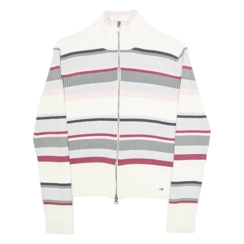 TOMMY HILFIGER Womens Patterned Jumper Cream Striped High Neck Tight Knit L