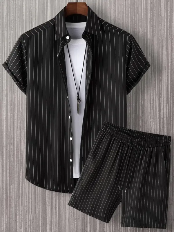 Men's Striped Print Button Front Shirt & Drawstring Shorts Set, Regular Fit Casual Short Sleeve Collared Top & Shorts, Summe...