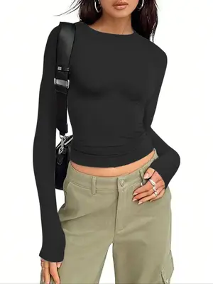 Women's Round Neck Solid Color Long Sleeve Slim Fit Casual Top, All Season Comfortable Kint Fabric, Versatile Basic Tee for D...