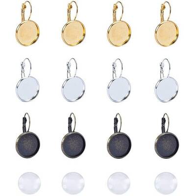 30 sets Brass Lever Back Hoop Bezel Earring Components with Glass Cabochons (Round Tray: 16mm
