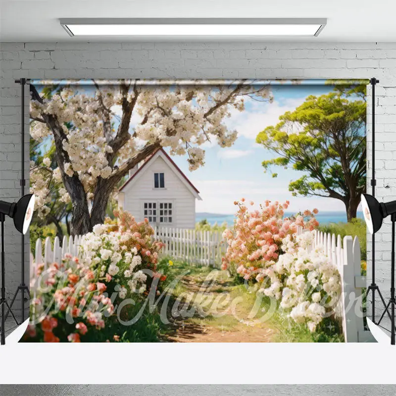 Colorful Flowers Wooden Fence House Spring Backdrop - Aperturee