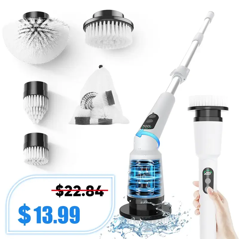 Electric Spin Scrubber, IPX7 Waterproof Cordless Cleaning Brush with 4 Replaceable Brush Heads, Adjustable Extension Handle a...