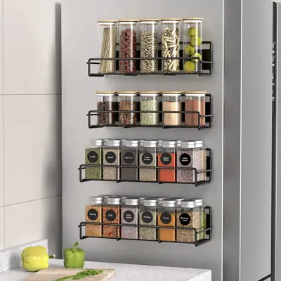 4 Pack Magnetic Spice Rack Organizer for Refrigerator and Microwave Oven, Metal Fridge Shelf for Kitchen, Black Slide Magneti...