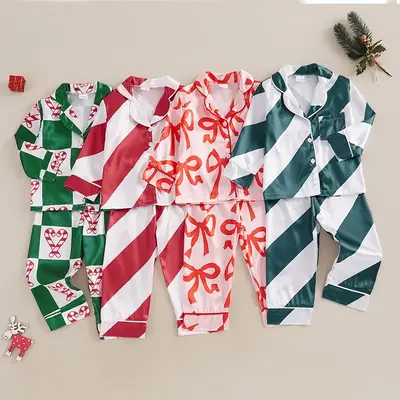 Baby Girl Boy Christmas Pajamas Set For Toddler Bow/Stripe Print Long Sleeve Lapel Button Down Tops with Pants Satin Sleepwea...