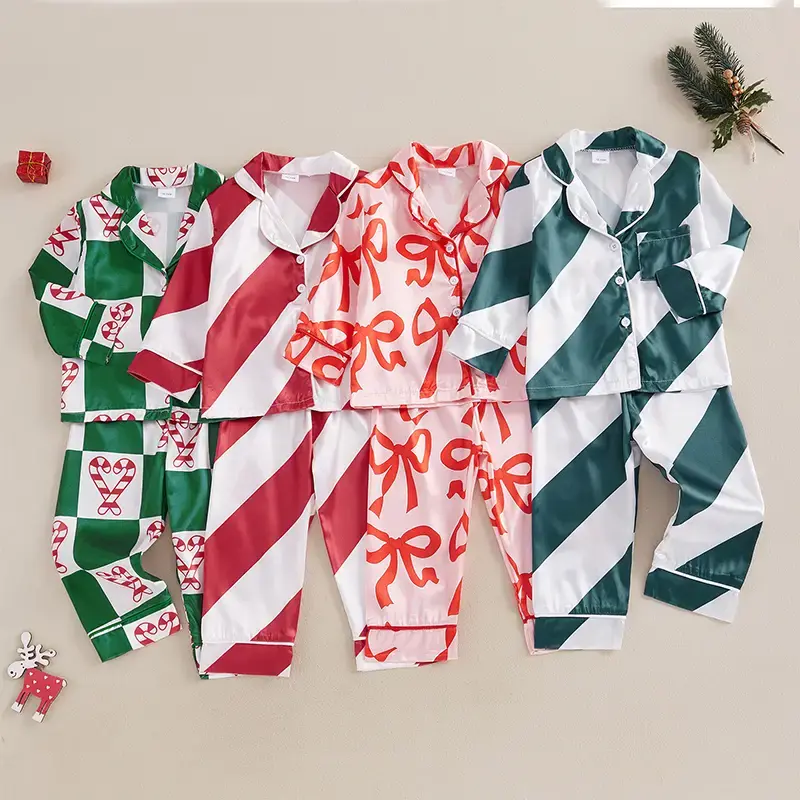 Baby Girl Boy Christmas Pajamas Set For Toddler Bow/Stripe Print Long Sleeve Lapel Button Down Tops with Pants Satin Sleepwea...