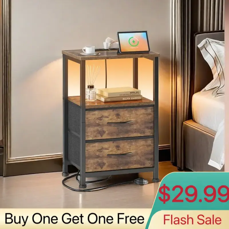Mr IRONSTONE Nightstand with Charging Station, End Table with Cloth Drawer, Side Table with LED Light, Rustic Brown