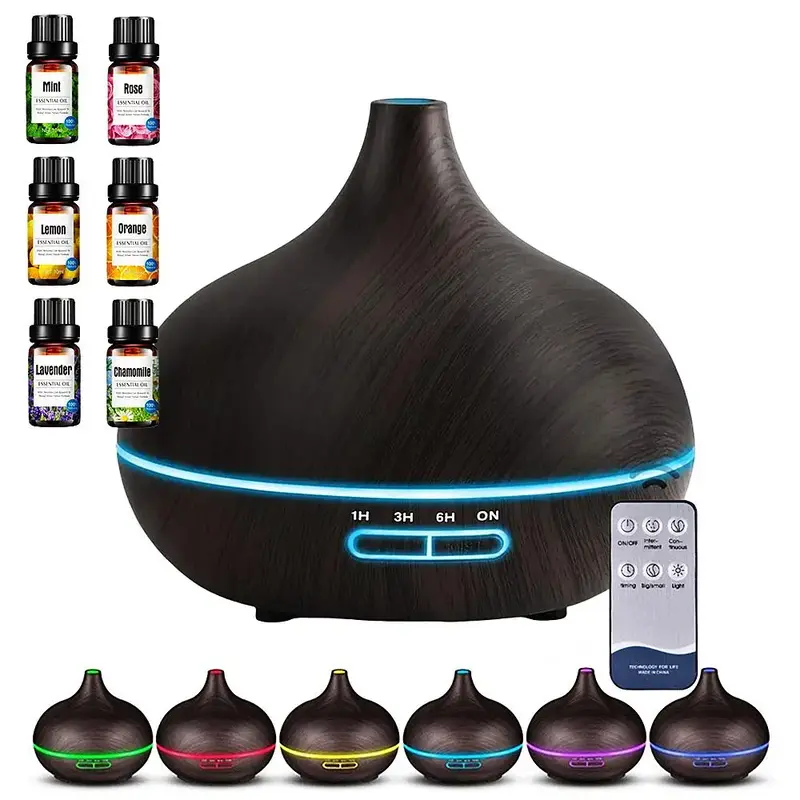 500ML Wood Grain Aroma Diffuser with 6 Essential Oil, 1 Count USB Powered Ultrasonic Air Humidifier with Remote Control, Larg...