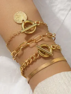 4pcs/Set Simple Vintage Round Buckle Charm Alloy Chain Bracelet, Women's Fashion Casual Versatile Jewelry Accessories