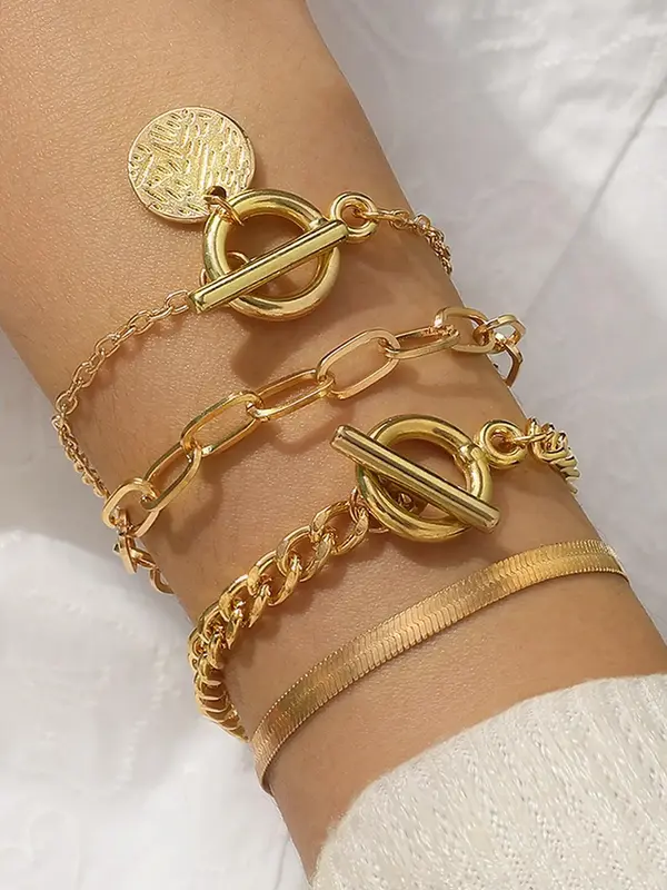 4pcs/Set Simple Vintage Round Buckle Charm Alloy Chain Bracelet, Women's Fashion Casual Versatile Jewelry Accessories