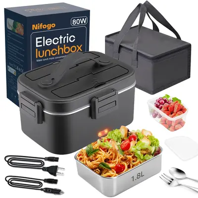 Electric Lunch Box 80W Portable Food Warmer for Adults 1.8L with Fork Spoon Bag Multi Layer Insulated Steel Container Tablewa...