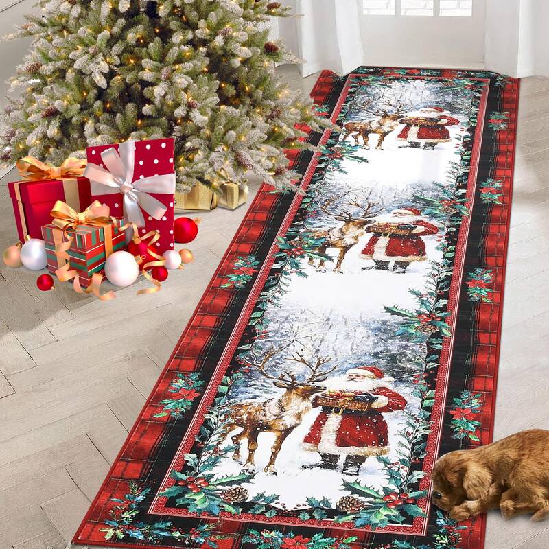 Garvee Christmas 2x10 Kitchen Rugs Santa Claus Elk Non Slip Durable Floor Mats Winter Farmhouse Style Hallway Holiday Decor