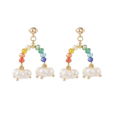 Natural Pearl & Glass Beaded Rainbow & Cloud Dangle Stud Earrings