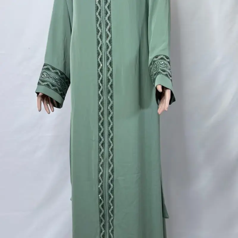 Mint Green Embroidered Rhinestoned Abaya Maxi Long Sleeve Women's Fashionable Dress with Intricate Details