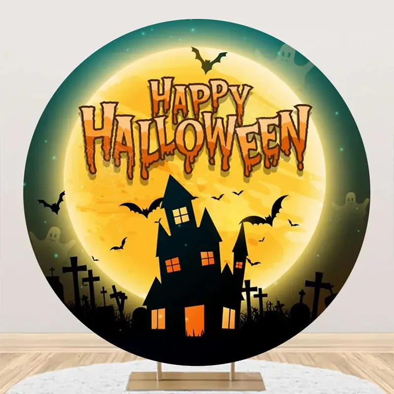 Round Castle Moon Bat Ghost Happy Halloween Backdrop