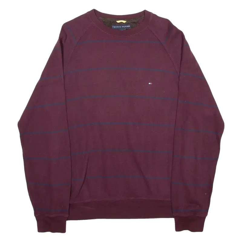 TOMMY HILFIGER Mens Patterned Jumper Maroon Striped Tight Knit L