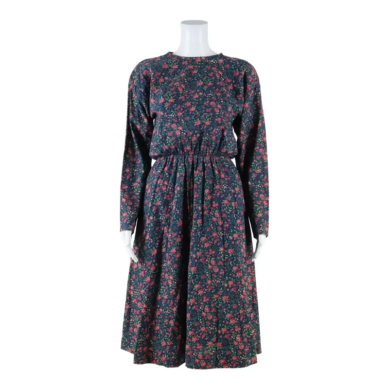 Womens A-Line Dress Blue Floral Long Sleeve Midi S