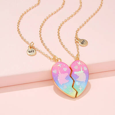 2Pcs Alloy Colorful Enamel Magnetic Unicorn Heart Pendant Friendship Necklaces for Women