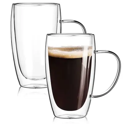 2-Pack 15 Oz Double Walled Glass Coffee Mugs with Handle,Large Insulated Layer Coffee Cups,Clear Borosilicate Mugs,Perfect fo...