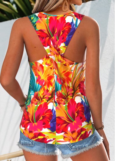 Modlily Multi Color Tropical Plants Print Sleeveless Tank Top - M