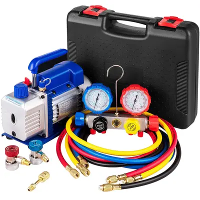 VEVOR Suction Pump 4.8CFM 1/4 HP Single Stage for HVAC A/C Cooling Systems, 5PA Ultimate Vacuum, Manifold Gauge Kit R410A R13...
