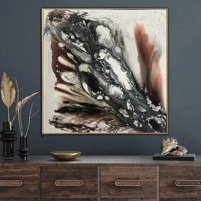 Abstract Resin Paintings On Canvas In Black And Brown Colors Original Beige Oil Painting Luxury Textured Art | GEYSER