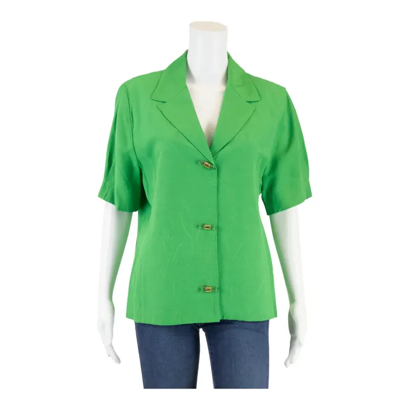 DEVERNOIS Notched Collar Button-Up Green 90s Floral Short Sleeve Womens L