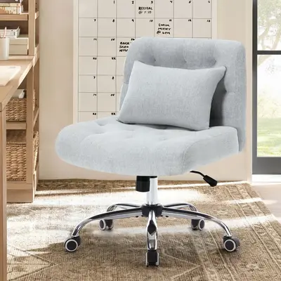 Armless Fabric Office Desk Chair with Wheels, Cross Legged Wide Seat Chair, Modern Home Office Chair with Lumbar Pillow, Comf...