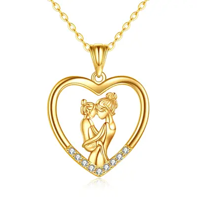 14K Gold Cubic Zirconia Mother With Daughter With Heart Pendant Necklace For Women Best Friend