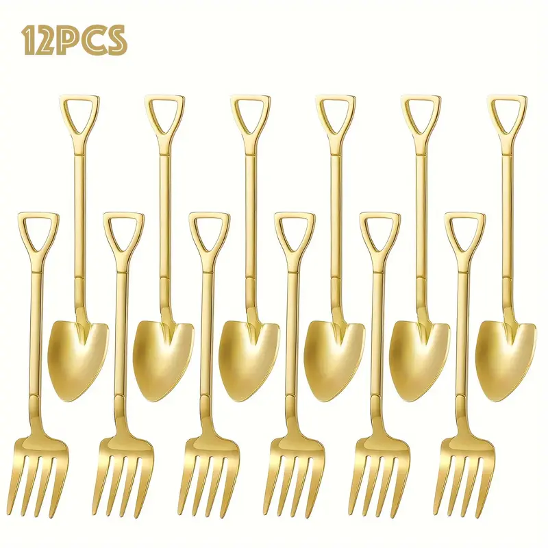 Shovel Shape Spoon & Fork Set, 12pcs/set Stainless Steel Spoon & Fork Set, Nice Gift