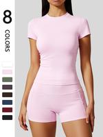 Two-piece Set Women's Solid Top & High Waist Shorts Sportswear Set, Sporty Casual Comfy Breathable Two-piece Set for Yoga Gym...