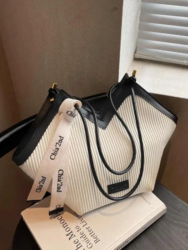 Women's Elegant Colorblock Pu Leather Tote Bag, Casual Shoulder Bag, Fashionable Commuting Shoulder Bag, Large-capacity Commu...