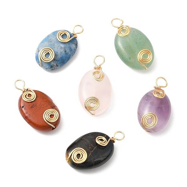 6Pcs Natural Mixed Gemstone Copper Wire Wrapped Pendants