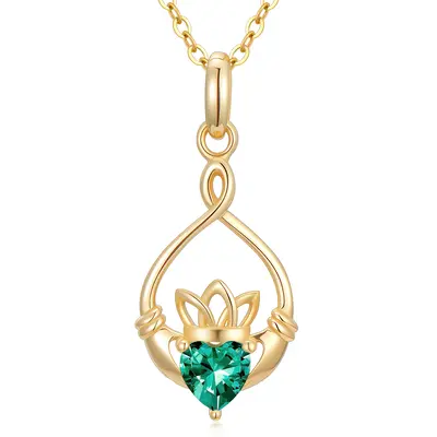 14K Gold Cubic Zirconia Personalized Birthstone & Claddagh Pendant Necklace