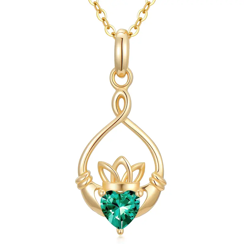 14K Gold Cubic Zirconia Personalized Birthstone & Claddagh Pendant Necklace