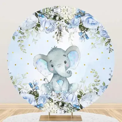 Blue Floral Elephant Leaf Round Baby Shower Backdrop - Aperturee