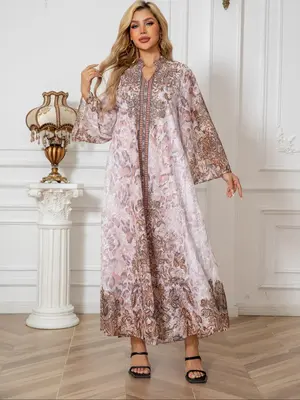 Women's All Over Print Dress, Modest Elegant Long Sleeve Dress for Daily Wear, Ladies Islamic Clothing for All Seasons