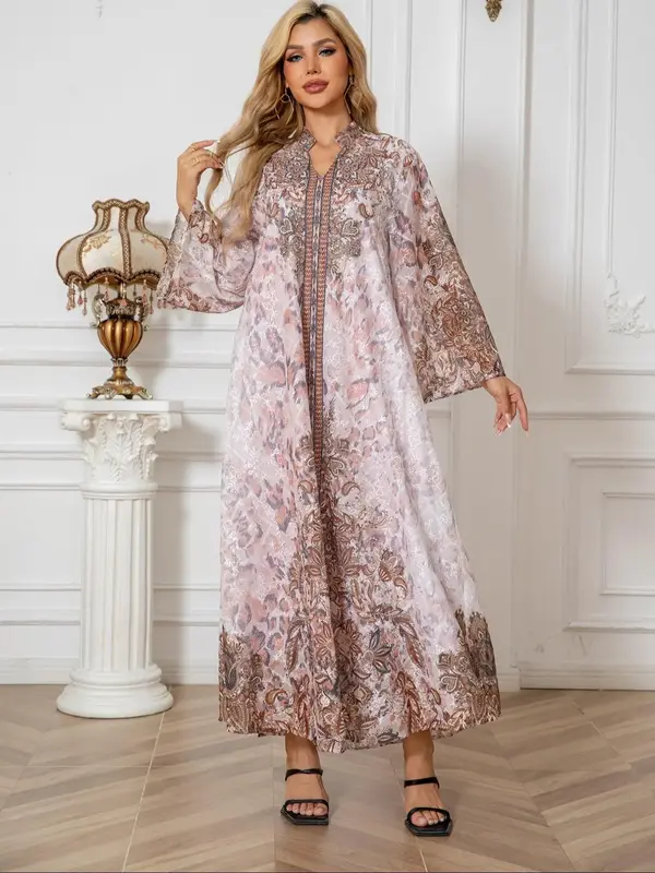 Women's All Over Print Dress, Modest Elegant Long Sleeve Dress for Daily Wear, Ladies Islamic Clothing for All Seasons