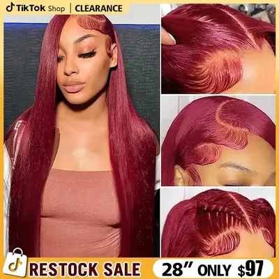 [28inch Only $97] Burgundy 99j Lace Front Wigs Straight Human Hair 13x6 Burgundy Wig Human Hair 180% Density Brazilian Straig...