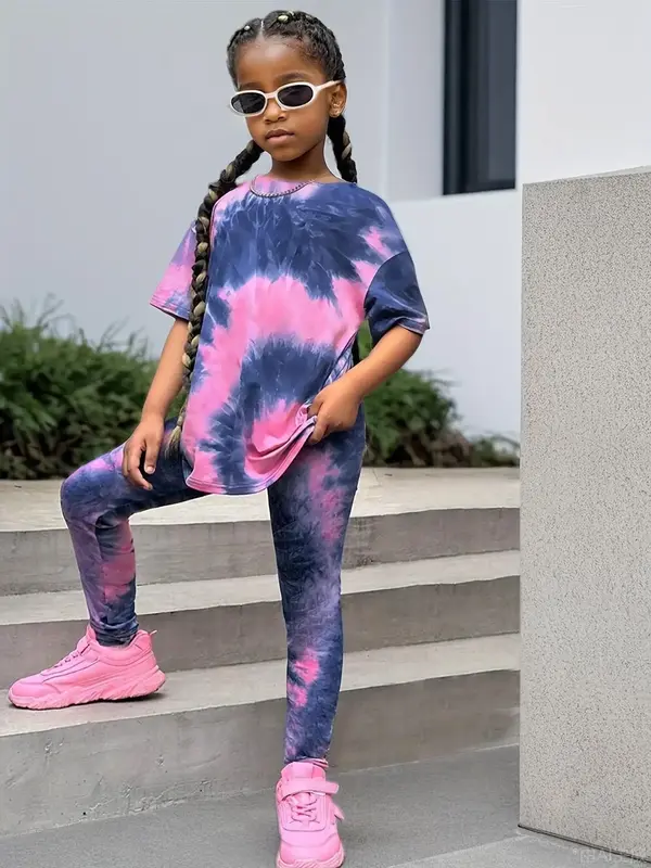 Girl's Tie Dye Print Short Sleeve Tee & Elastic Waist Pants Two-Piece Set, Casual Round Neck T-shirt & Trousers for Daily Wea...