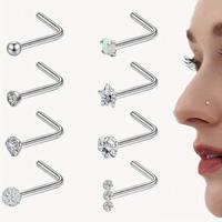 G23 L Shaped 20g 8Pcs Titanium Nose Rings for Women & Men - CZ Star Heart Piercing Studs for Sensitive Skin jewelry