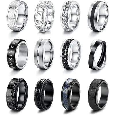 FLORIDECO 12PCS Stainless Steel Band Rings for Men Women Fidget Spinning Chain Ring Fidget Ring Anxiety Relief Ring for Men F...